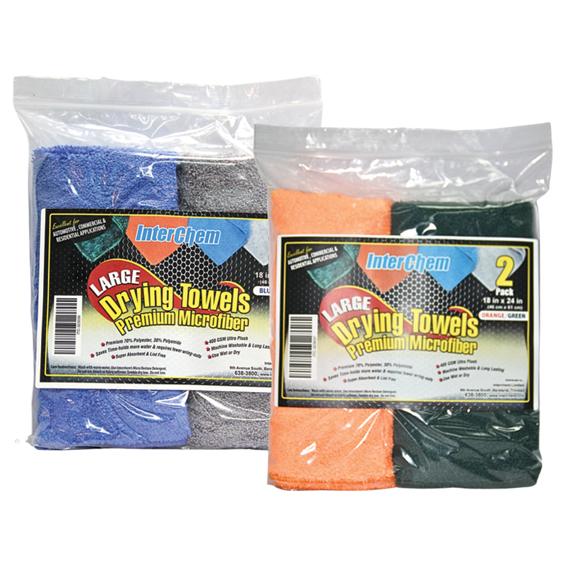 Interchem Large Drying Towels Premium Microfiber 18" x 24"  (2 Pack) (Orange/Green.)