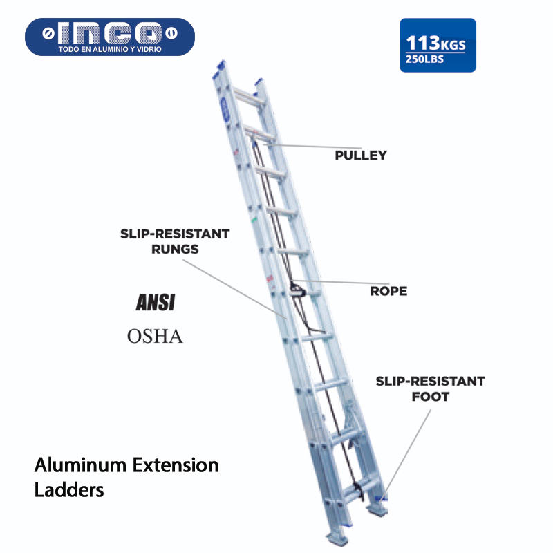 Inco Aluminum Extension Ladder - 250lb Rating (16FT (225lb))
